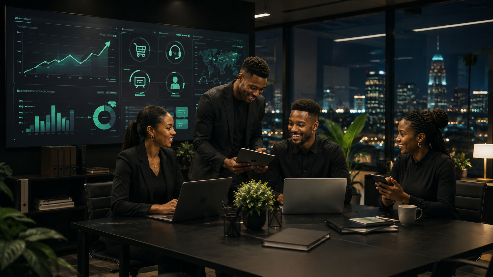 Small business team reviewing analytics and customer insights on a large dashboard