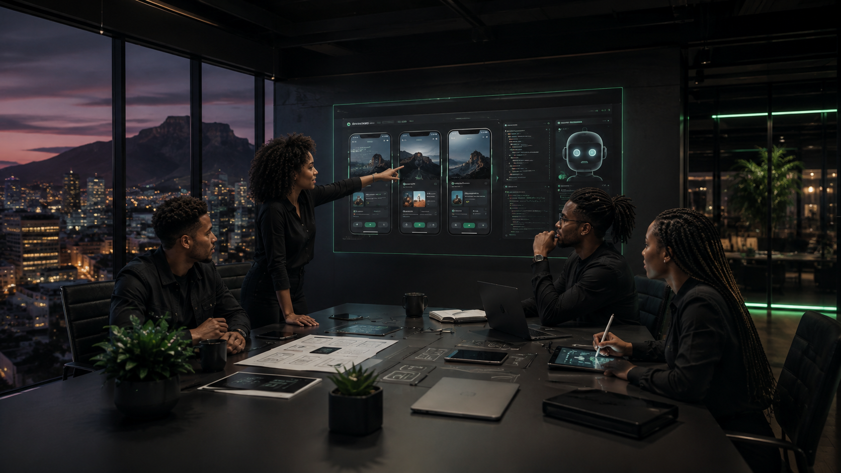 Design team reviewing mobile app screens and wireframes in a Cape Town studio