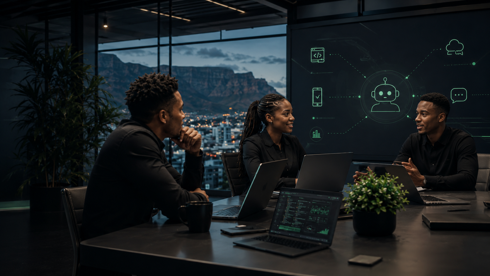Colleagues discussing an AI assistant workflow displayed on a boardroom screen