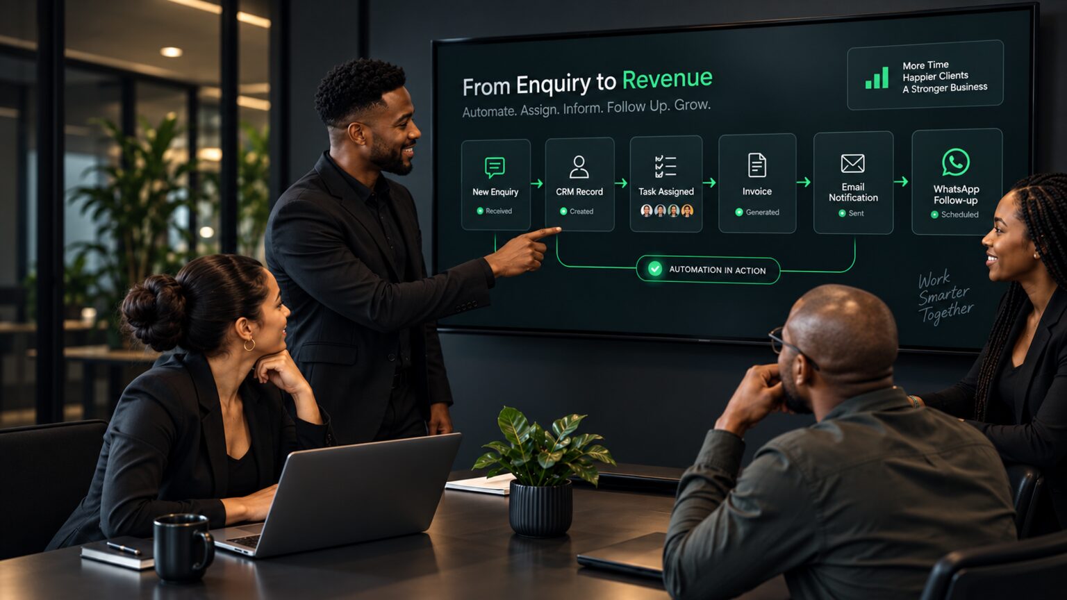 Skarsity automation workflow connecting customer enquiries, business systems, notifications and team actions