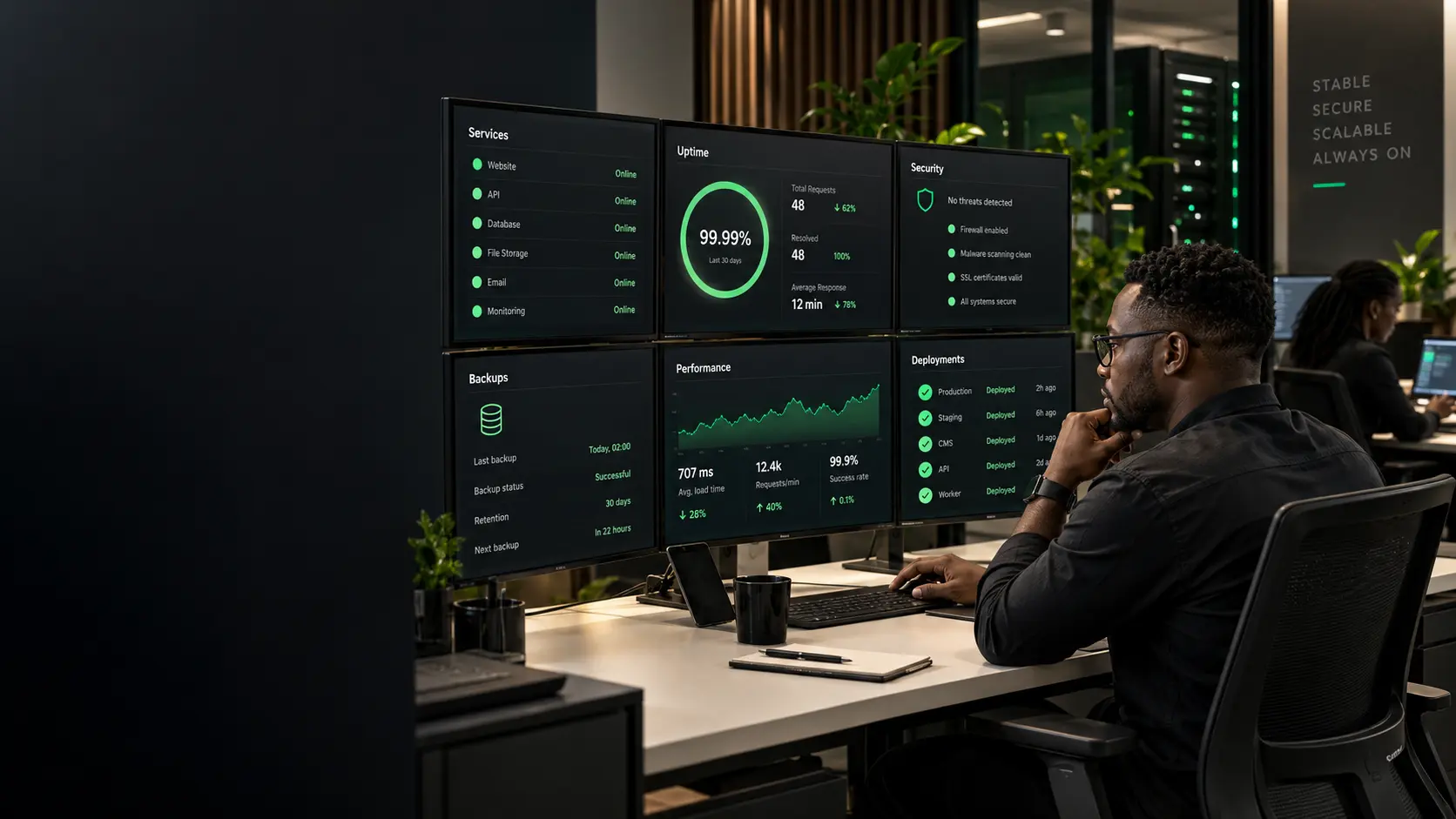 Systems engineer monitoring website uptime, security, backups and deployments