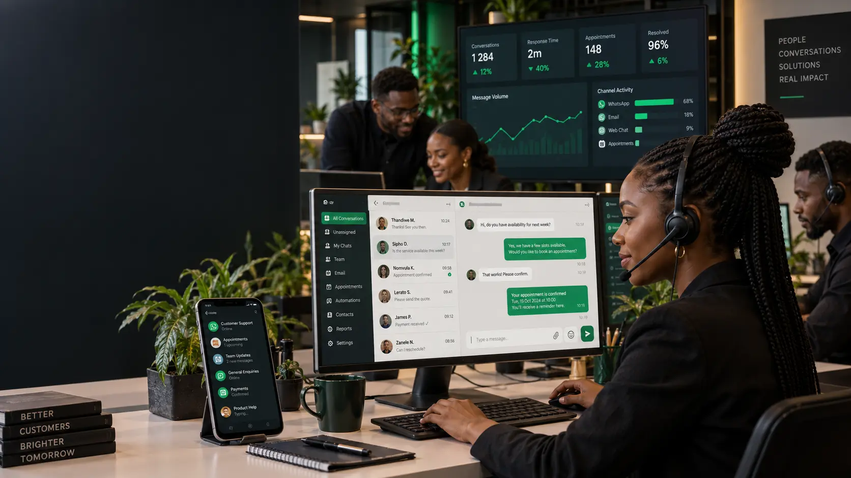 Customer service team managing WhatsApp enquiries and automated replies