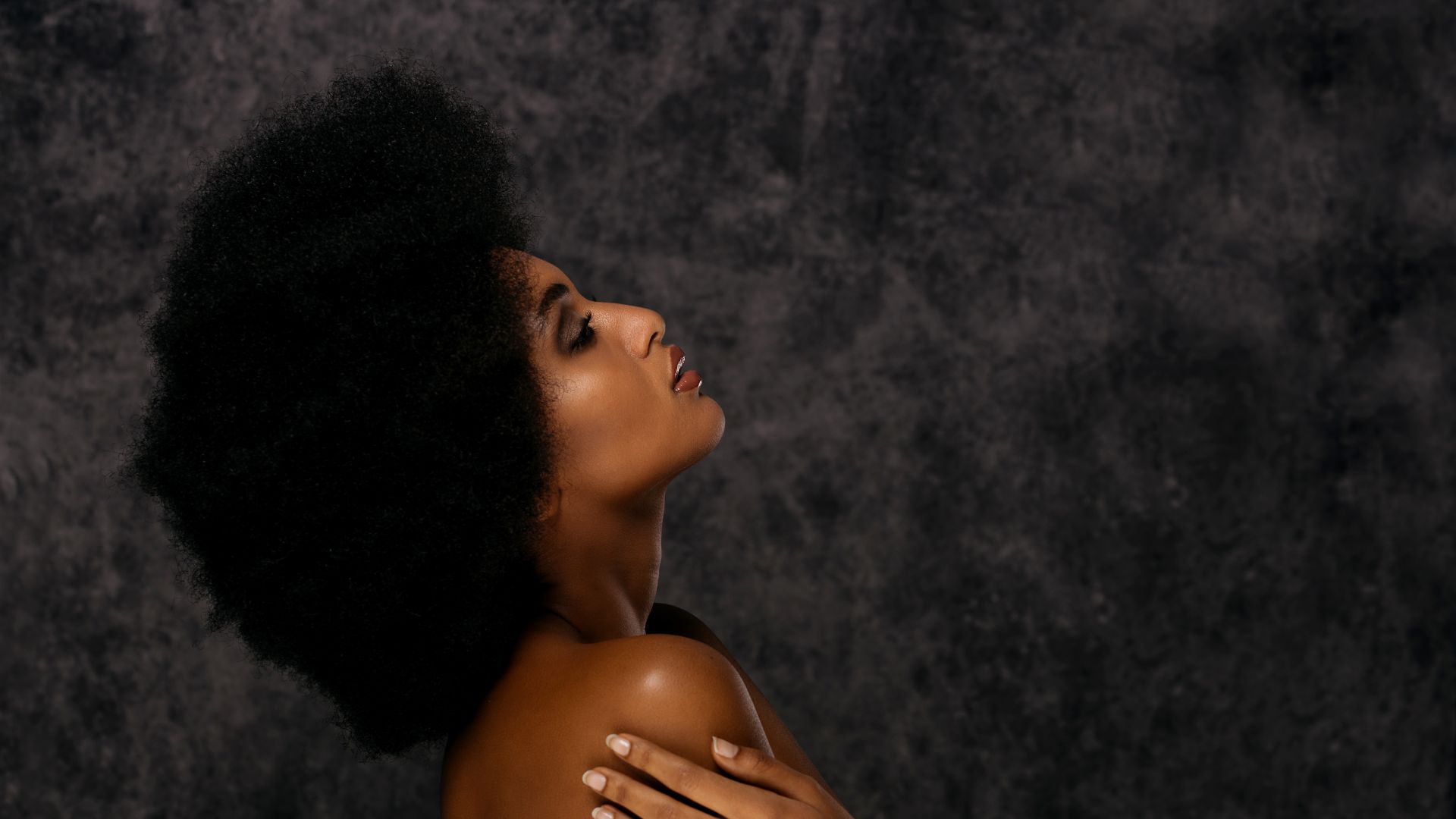 Profile portrait of natural afro hair against soft light