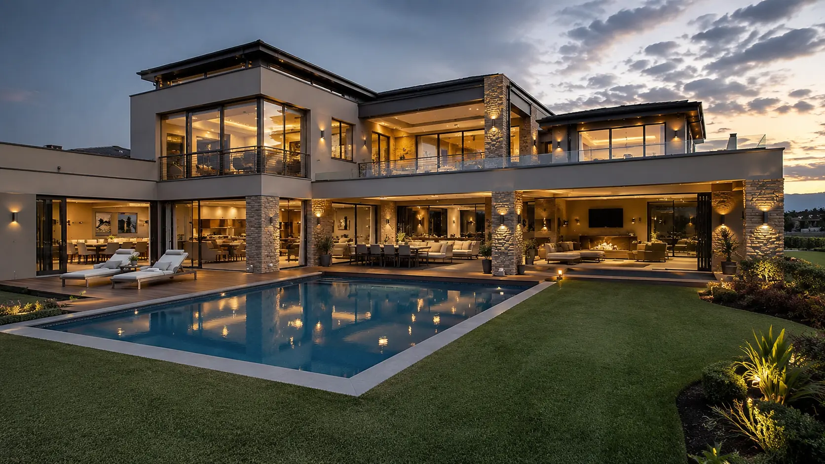 Rear pool terrace of a modern home in the late afternoon