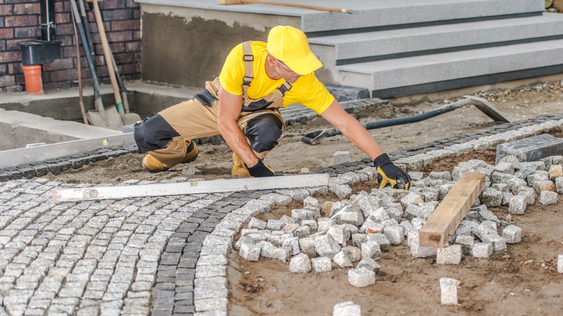 Completed cobblestone driveway laid to a curved setting-out line